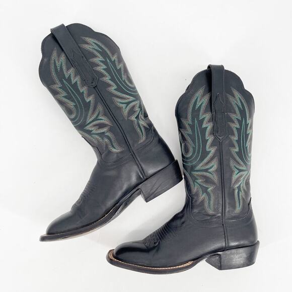 Lucchese Women’s 6 Black Leather Turquoise Stitching Square Toe Western Boots - Picture 4 of 11